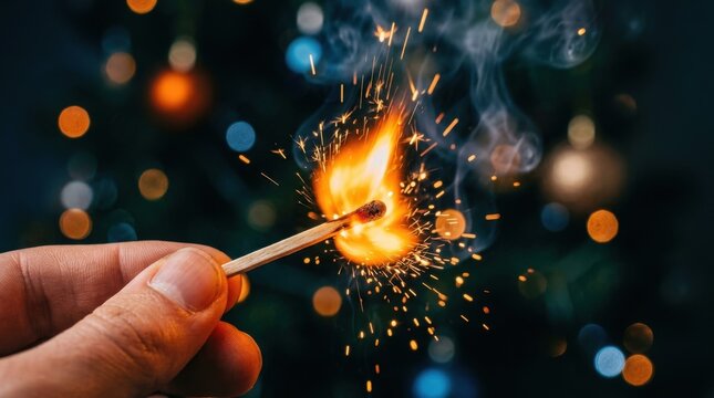 Close up of person hand holding burning wooden match stick producing bright orange flame and glowing sparks against dark festive bokeh background
