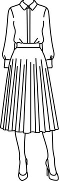 Women's Pleated Midi Skirt and Long Sleeve Blouse Fashion Outline, Transparent PNG
