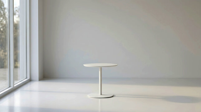 Modern small round white table standing in a bright minimalist living room.