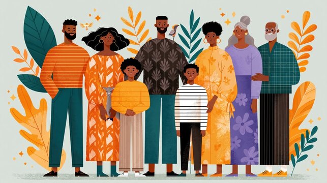 Diverse Black family members standing together with botanical elements during a colorful gathering with a concept of unity and heritage