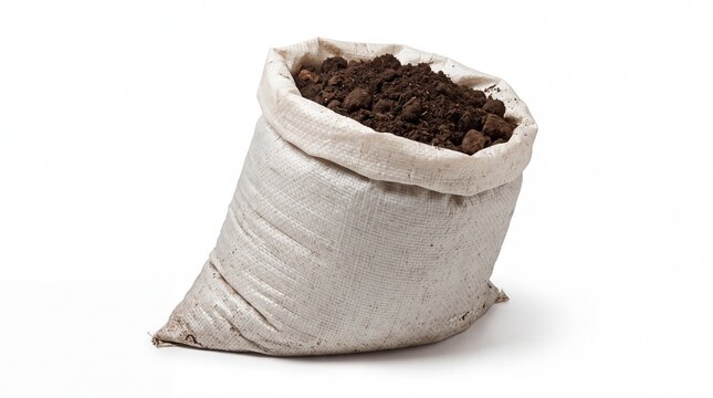 Full fabric sack filled with dark garden soil for planting