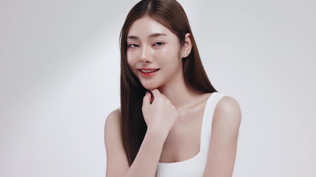 Slow motion of beautiful young Asian girl with k-beauty make up style on isolated white background for commercial beauty advertising.