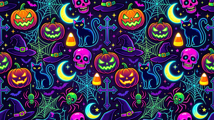 Fototapeta premium Halloween pumpkin jack-o-lantern faces glowing neon on dark spooky background for festive party decor