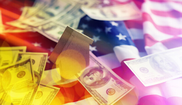 Abstract background. House symbol on the American flag. Real estate insurance. Housing security.