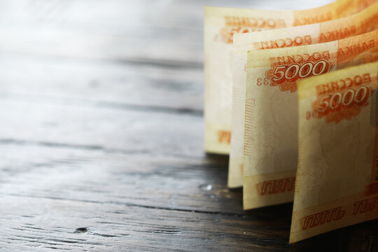 Banknotes with inscription "five thousand rubles". Russian money face value of five thousand rubles. Close-up of Russian rubles . The concept of Finance.Background and texture of money