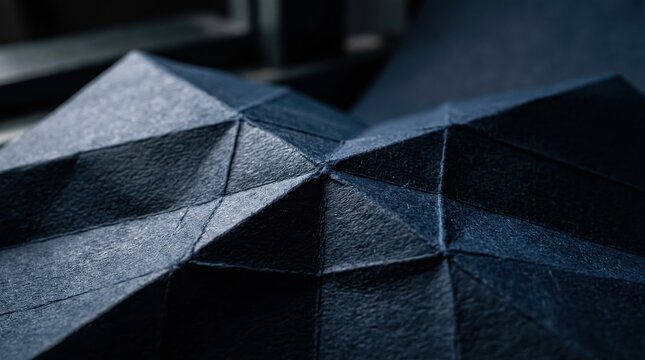 Close up shot of dark blue folded paper structured into a geometric origami pattern featuring sharp peaks and valleys for creative modern design