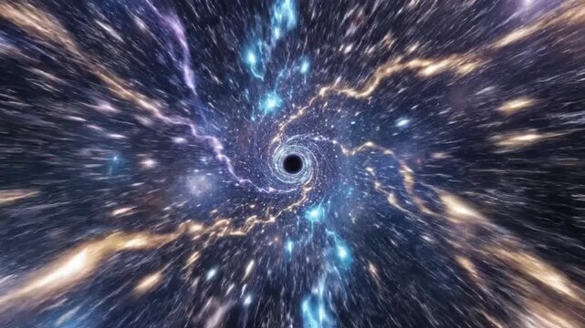 Abstract background featuring a black hole pulling in stars and cosmic light in a deep space tunnel.