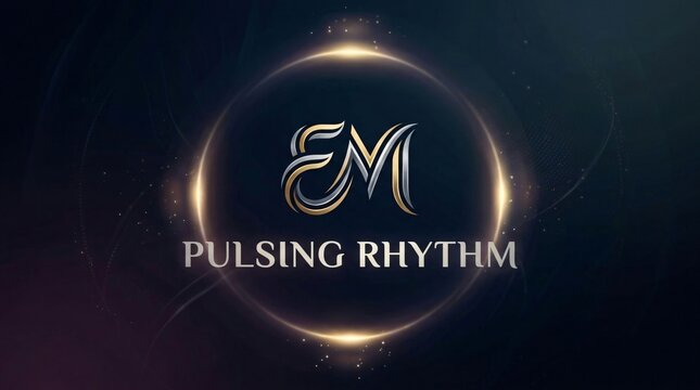 Logotipo dorado elegante de Pulsing Rhythm con monograma EM y c&iacute;rculo luminoso para eventos de m&uacute;sica y celebraci&oacute;n latina.