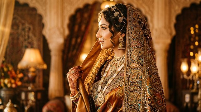 Novia india tradicional con sari dorado bordado, joyas &eacute;tnicas y velo ornamentado en un palacio lujoso, retrato de perfil cultural elegante.