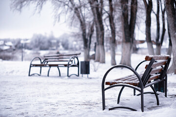 Fototapeta premium park bench on a winter alley at snowfall. bench with snow after snowstorm or in snow calamity in europe