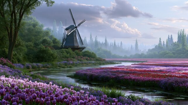 A traditional Dutch windmill stands by a winding river through a vast field of colorful tulips under a dramatic cloudy sky