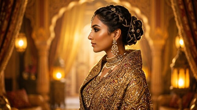 Elegante mujer con lujoso atuendo tradicional bordado en oro y joyer&iacute;a refinada, posando en el interior de un palacio iluminado.
