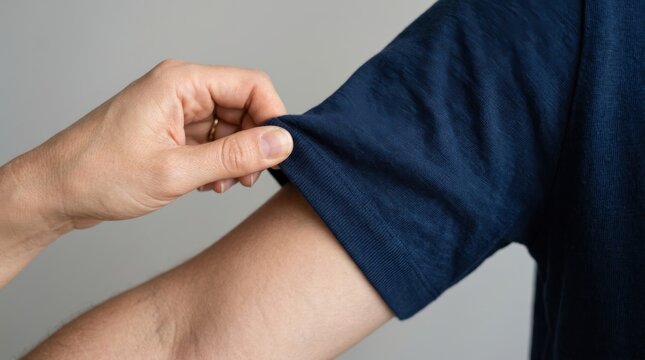 Close up view of a person touching and checking the fabric quality of a dark blue t shirt sleeve held by hand showing textile texture and garment