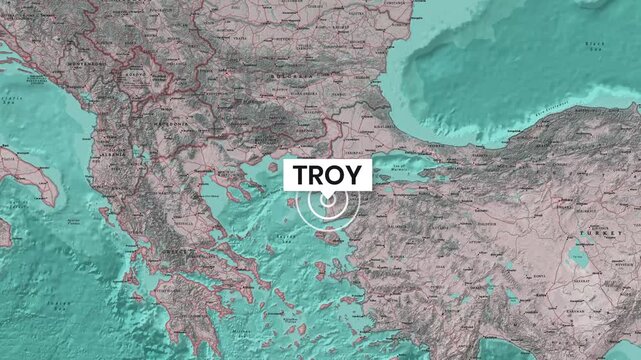 Detailed geographical map animation highlights the historical Troy location motion video clip