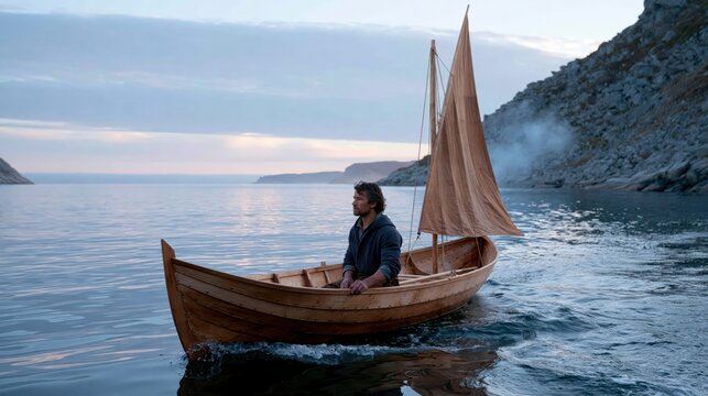 Man sailing a small wooden boat on calm water during twilight with rugged coastline in background