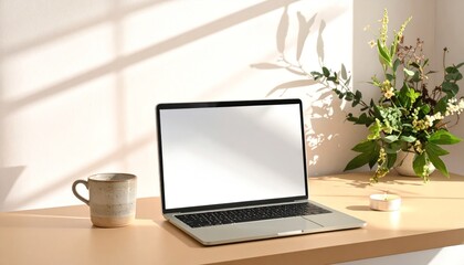 Fototapeta premium Open laptop mockup on sunny wooden desk with mug.