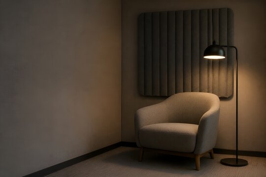 Quiet sensory calm room with acoustic panel and lounge chair
