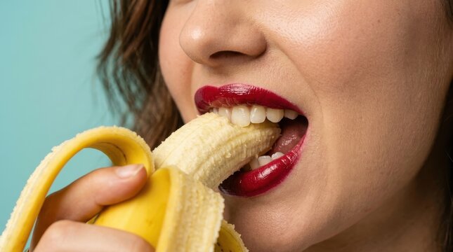 Close up view of young woman biting yellow banana with bright red lipstick on her lips and healthy white teeth against cyan background