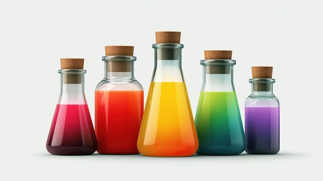 Set of five transparent glass erlenmeyer flasks with cork stoppers filled with beautiful gradient colorful liquid placed on clean light gray background