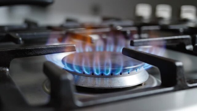 Close up of a blue flame burning on a modern gas stove burner.