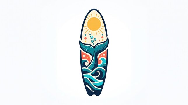 Colorful surfboard with whale and wave design isolated on a white background