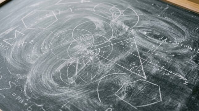 Complex mathematical formulas and geometric shapes drawn in white chalk on a dark worn blackboard representing advanced science and education concepts