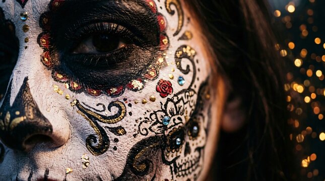 Maquillaje de Catrina para el D&iacute;a de los Muertos con detalles dorados y pedrer&iacute;a en primer plano, tradici&oacute;n mexicana y herencia hispana.
