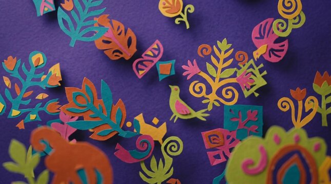 Figuras de papel picado artesanal con flores y aves sobre fondo morado para celebrar el Mes de la Herencia Hispana y la cultura latina.