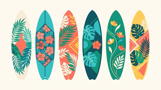 Colorful surfboards with tropical floral and geometric patterns lined up on a beach