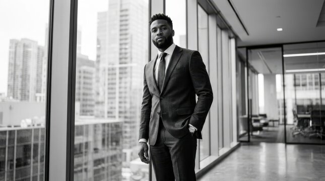 Confident African American businessman in sharp suit standing by high rise office window overlooking city skyline in monochrome black and white