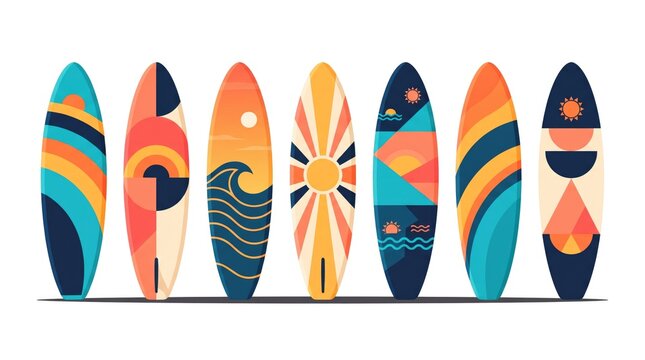 Colorful surfboards lined up against a white background displaying vibrant patterns