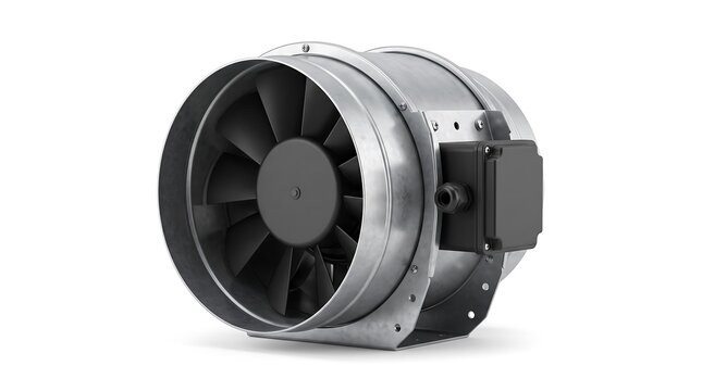 Industrial inline duct fan ventilation system component for HVAC air movement and exhaust isolated on white background