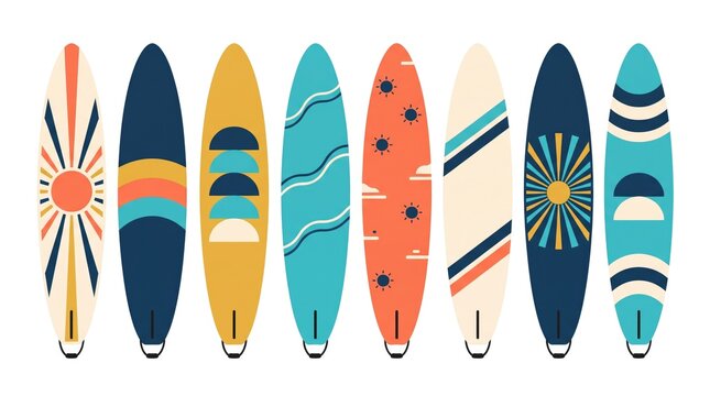 Collection of brightly colored and patterned surfboards on a white background