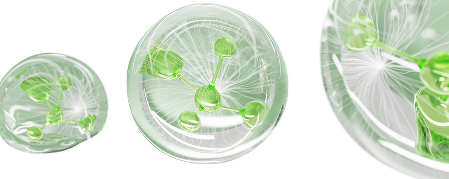 Green 3d background with collagen cell pattern for herbal skin care. Pharma bio laboratory, liquid cosmetic spheres with molecules. Matcha tea peptide serum, aloe moisture essence