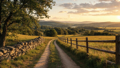 Fototapeta premium Dirt path winding through rural countryside at golden hour with stone wall and wooden fence