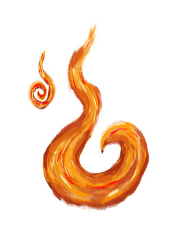 Artistic hand-drawn flame illustration with a warm pastel texture, vibrant and abstract, depicting swirling fire elements.