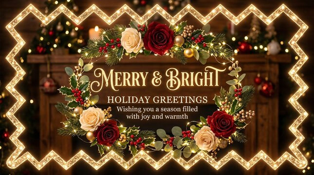 Tarjeta navide&ntilde;a con corona de rosas rojas, luces brillantes y marco dorado sobre chimenea acogedora para felicitaciones de fin de a&ntilde;o.