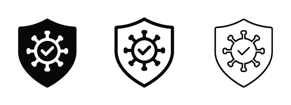 Immune system virus protection icon silhouette vector outline and line art. Immune System Protection Shield Icon Set, Virus Protection, Vaccine Approval, Healthcare Guard and Disease Defense Vector Sy
