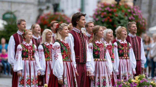 Ensemble of singers in traditional folk costumes performing outdoors during daylight with blurred background and floral decorations