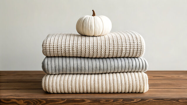 Folded blue knitwear stack on wooden bench for cozy autumn lifestyle display