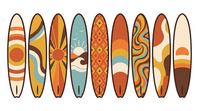 Collection of colorful vintage surfboards arranged in a row on a white background
