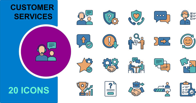 Customer Services Flat Icons Set, 20 Support Symbols, Help Desk Vector Graphics, Blue and Purple Team Chat Illustrations