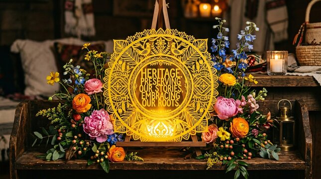 Cartel decorativo del Mes de la Herencia Hispana con flores y velas, celebrando ra&iacute;ces culturales e identidad tradicional en ambiente r&uacute;stico.