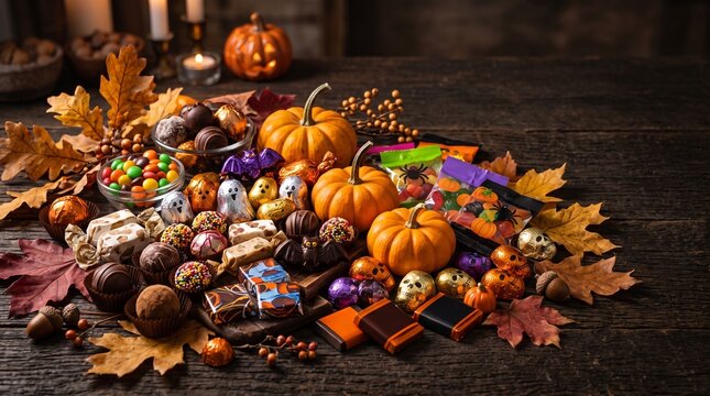 Halloween candy assortment on dark wood, autumn leaves, mini pumpkins, spooky treats, festive party snacks, holiday sweets, seasonal decorations