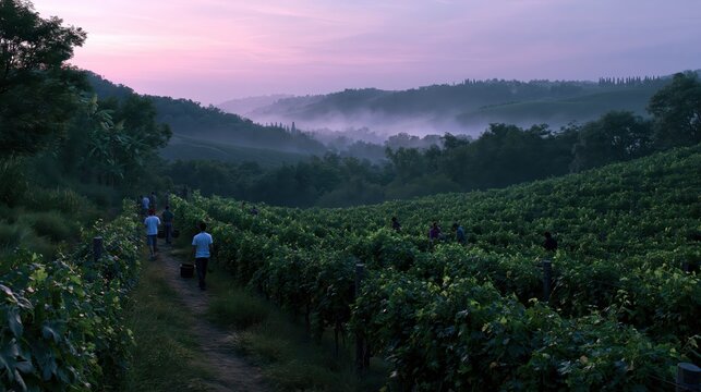 Vineyard workers harvesting grapes during a misty sunrise with soft purple sky over rolling hills