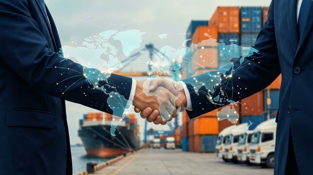 Business handshake agreement symbolizing global trade and logistics