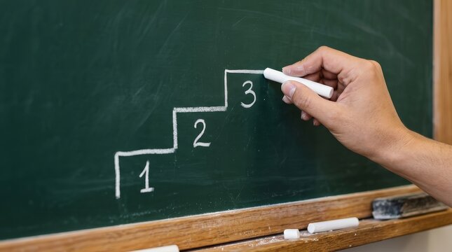 Drawing of 1 2 3 steps on a green chalkboard by a human hand