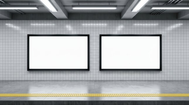 Clean mockups for advertising, digital display, and public transport info on subway station wall.