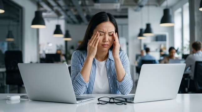 After long hours working, an office manager rubs her tired eyes