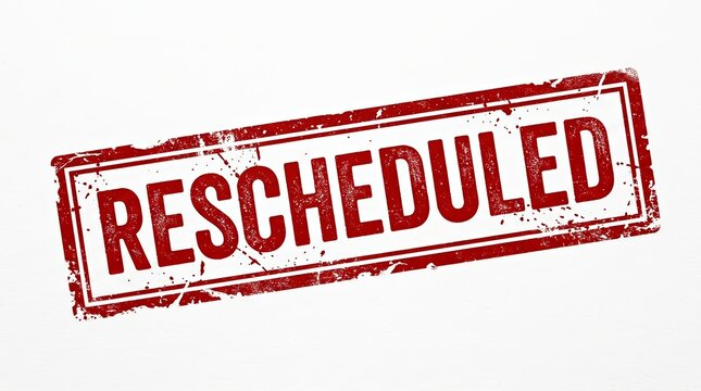 Rescheduled text in a red rubber stamp design for appointment delays and postponements.